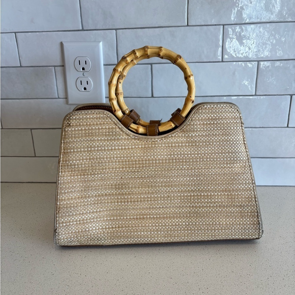 VTG Fossil Purse Bamboo Handles Woven Fabric Handbag Hawaiian Shoulder Bag Boho